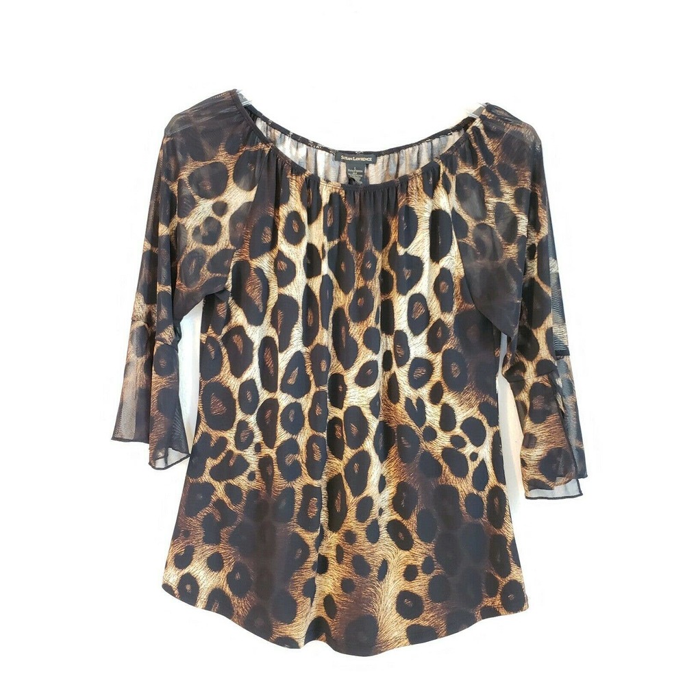 Cheetah Print Stretch Off Shoulder Size L Top Blouse 3/4 Sleeve Susan Lawrence